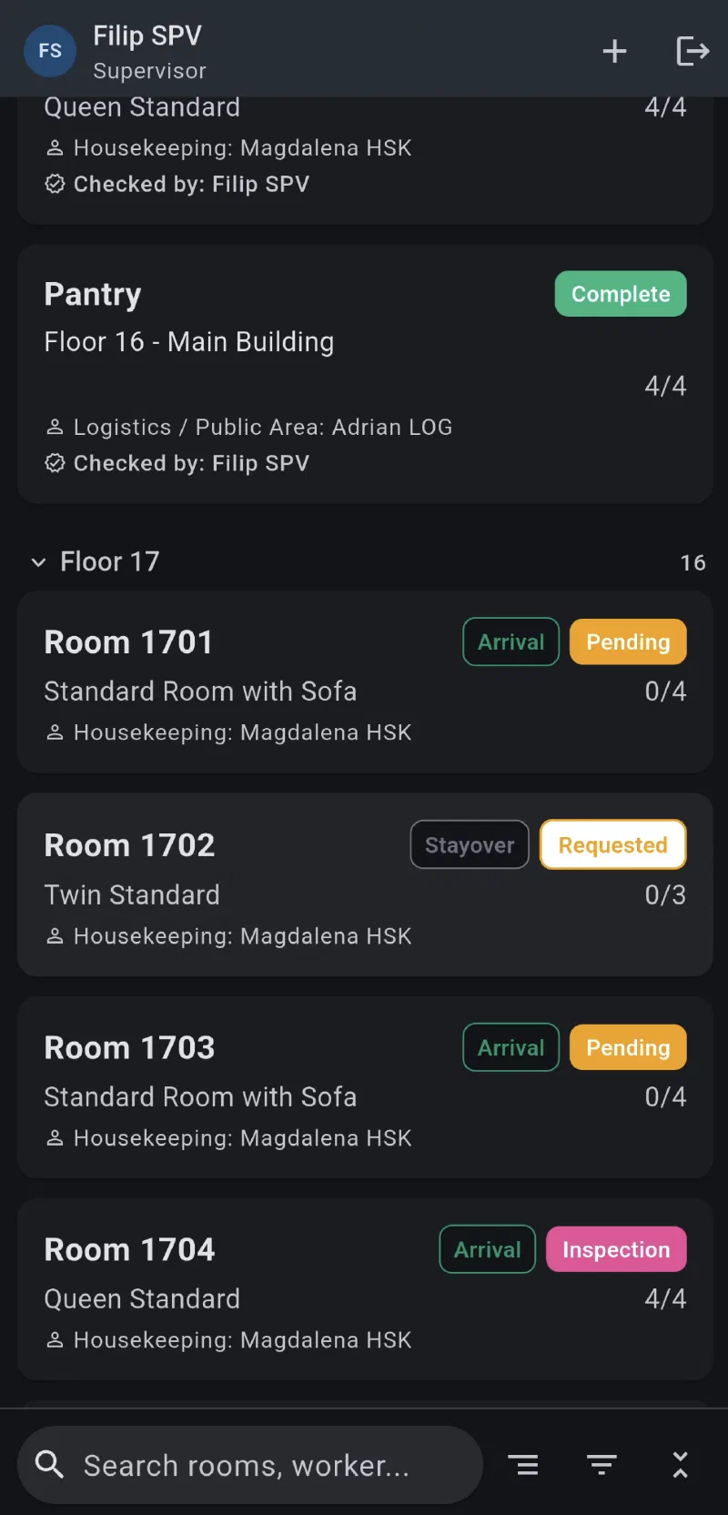 The mobile app - rooms and public areas of a floor with status and progress