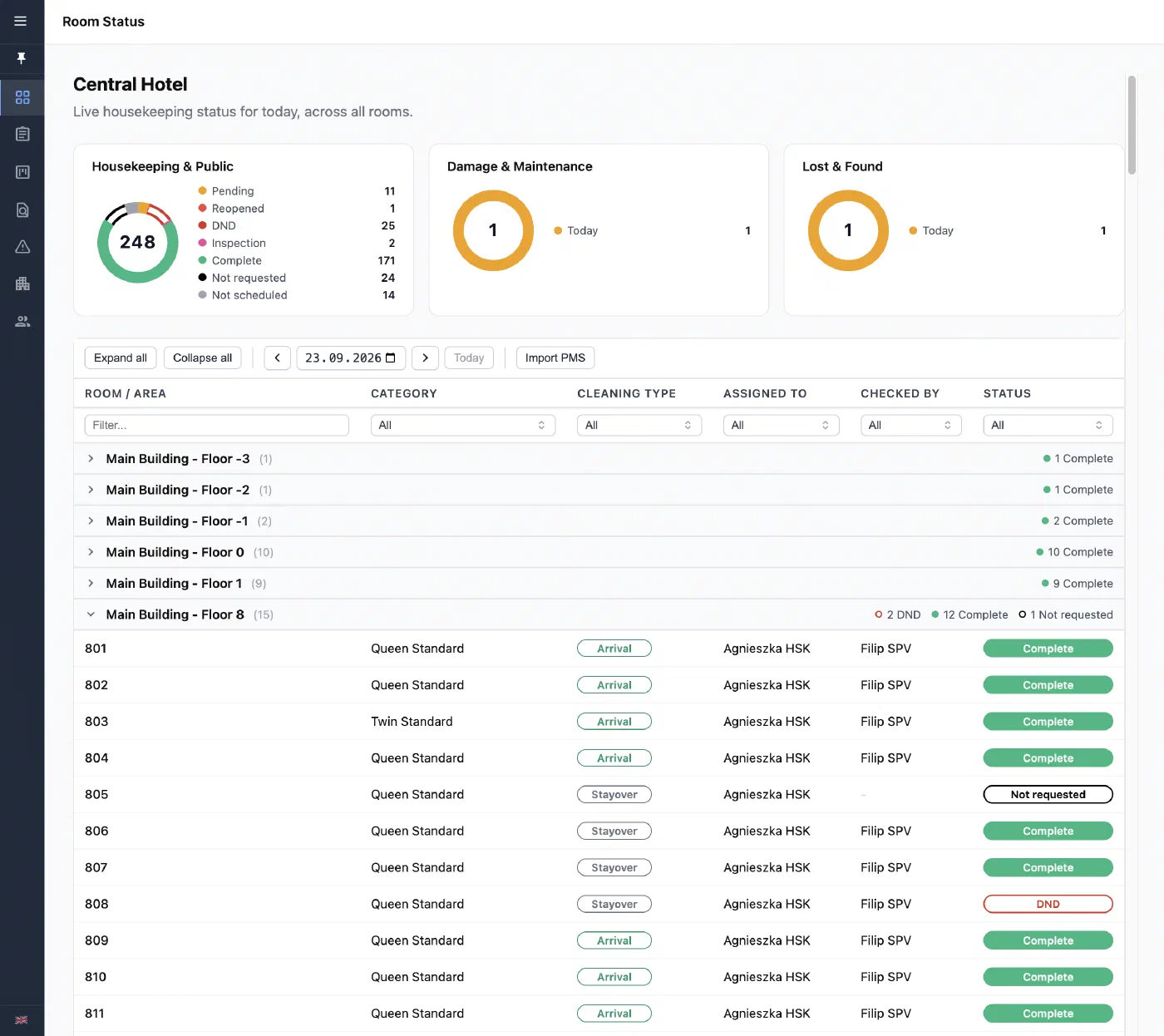 The web app: live room status across all floors, with housekeeping, damage and lost property